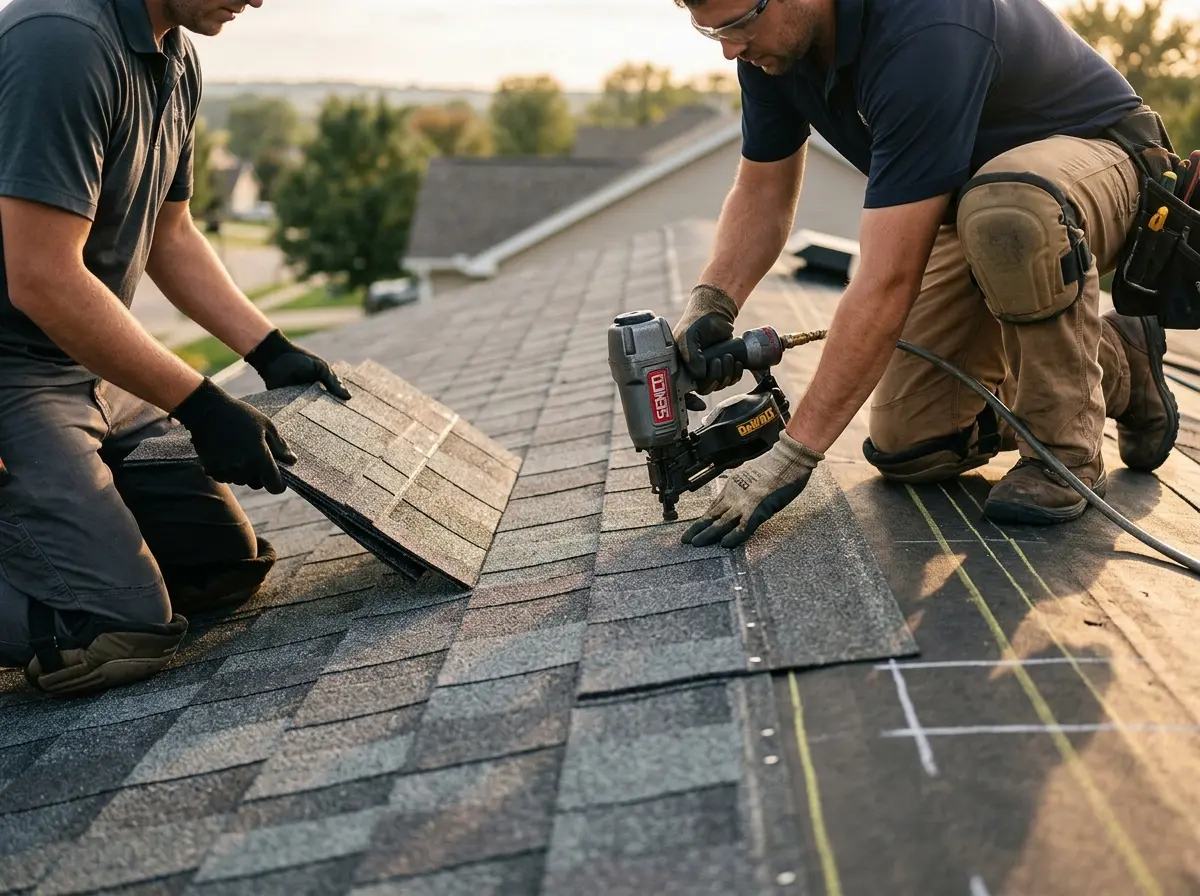 Professional roofer working on a residential roof in Holdrege